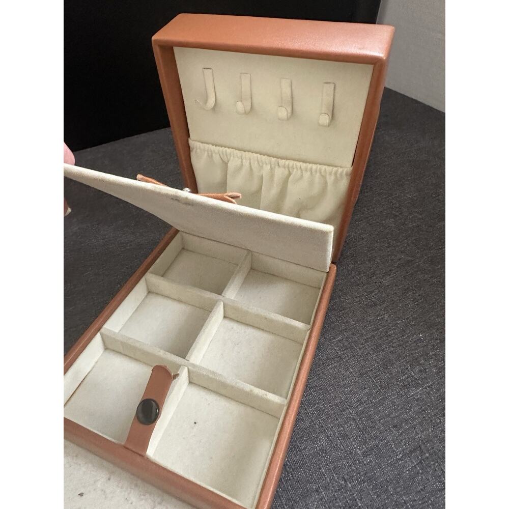 Travel Jewelry Box Case Mirror Handle Necklace Hooks Compartments Brown Black - Picture 6 of 12